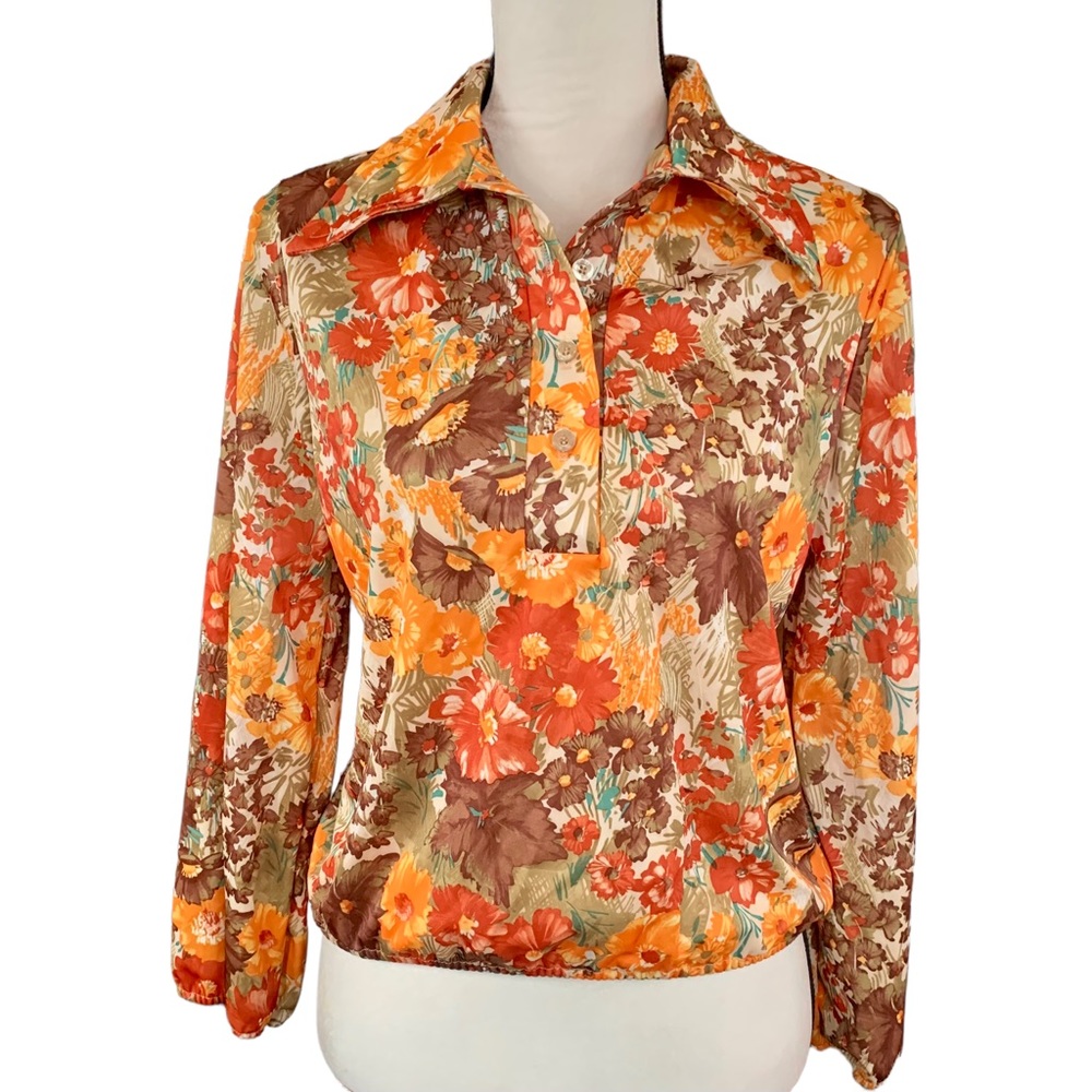 Vintage 70s Nikki Floral Daisy Print Wide Collar Polyester Elastic Waist Shirt
